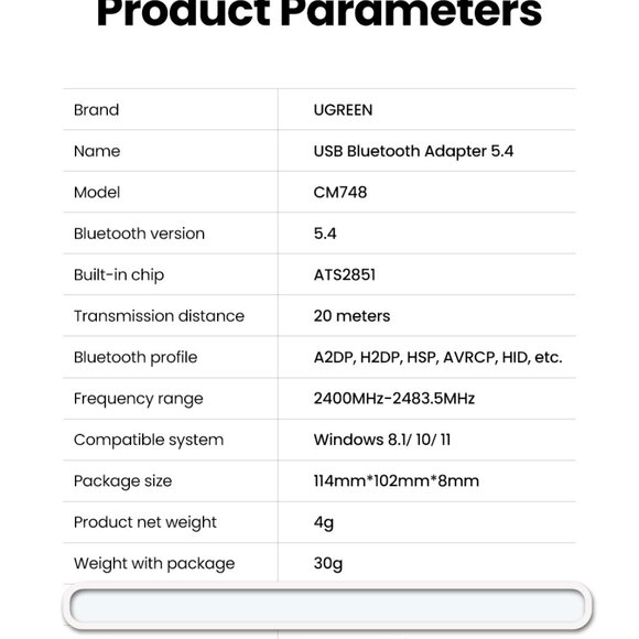 NEW UGREEN Bluetooth Adapter USB Bluetooth 5.4 for PC, Plug & Play Windows - Picture 9 of 10